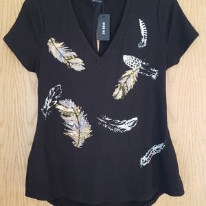 Miss Me embellished black feather tee NWT